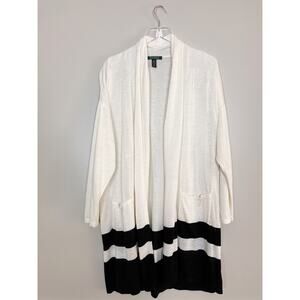 LAUREN RALPH LAUREN Women’s Linen Blend Ivory White Black Open Front Cardigan 1X